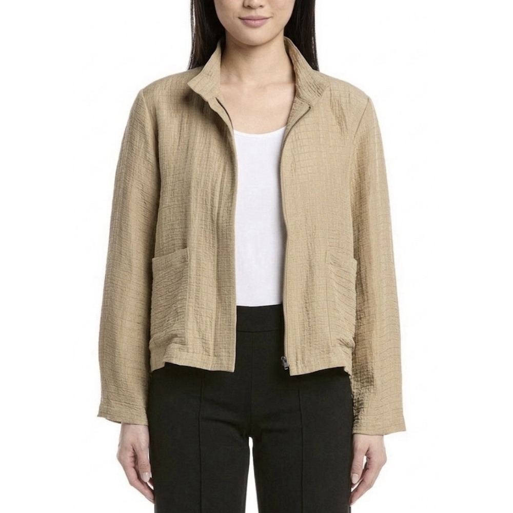 Eileen Fisher Jacket Linen Silk Blend Stand Collar Tan Size Large Lagenlook!